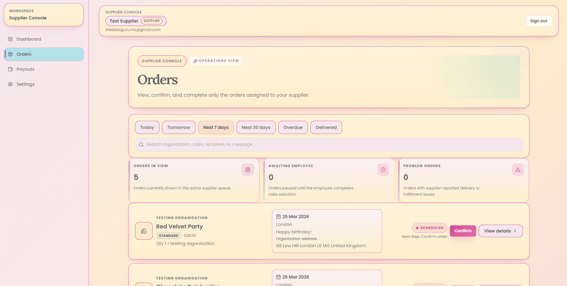 TeamTreat supplier orders queue